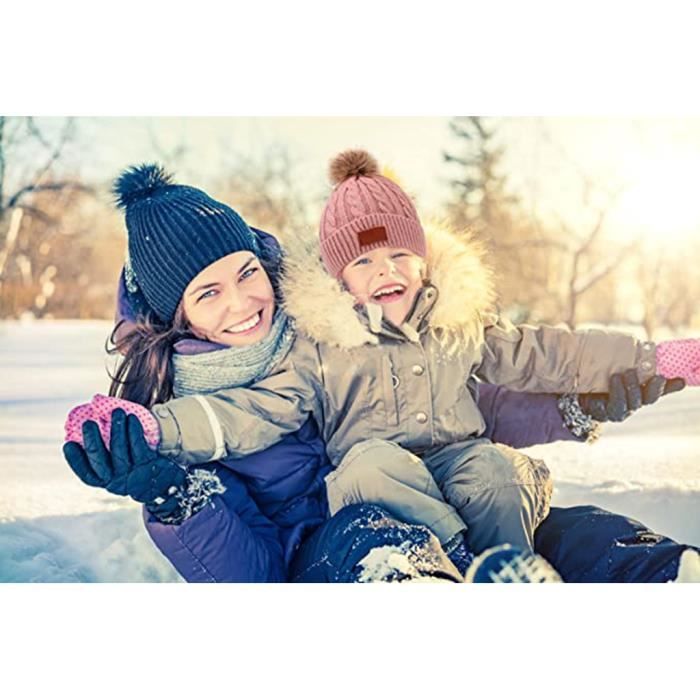 3 en 1 Bonnet Enfant Fille, Ensemble Bonnet Echarpe Enfant, Bonnet Enfant  Hiver avec Pompon, Tour de Cou Enfant avec Doublure,Rose