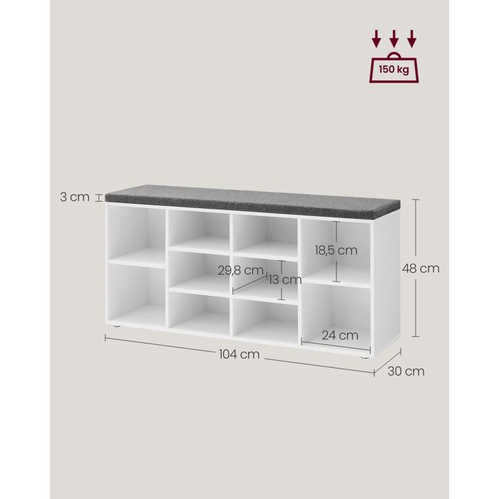 Meuble à Chaussures Avec Banc - 2 Compartiments, 4 étagères - Blanc Mat, Coussin Gris Lavable - Dimensions 120 X 52 X 27 Cm - 5