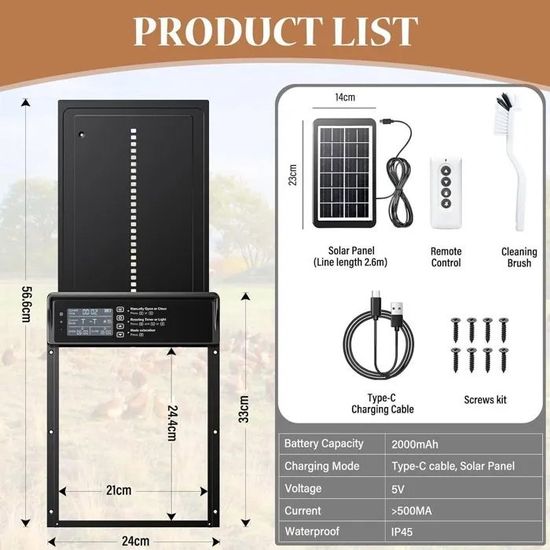 Porte Automatique Poulailler Solaire RUIZHI - Minuterie, Télécommande, Anti-Clip, Alliage Aluminium