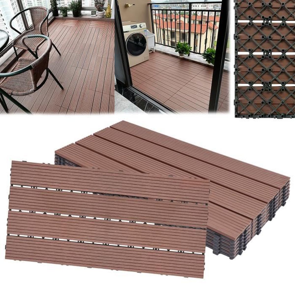 Anthracite 30 x 60 cm Pour jardin/balcon/terrasse Système d'emboîtement Aspect bois LARS360 Lot de 6 dalles à clic en WPC 
