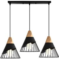 Uto Suspension Luminaire Industrielle en Barre Lustre 3 tetes Noir Lampe de Plafond en Métal et Bois Pour Salon