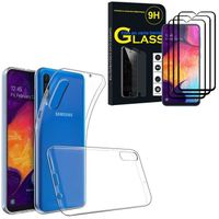 Pour Samsung Galaxy A50 SM-A505F 6.4": Coque silicone gel UltraSlim - TRANSPARENT + 3x Films verre trempé de couleur - NOIR