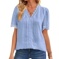 Generisch 2025 - Femmes Été Dentelle Col V Couleur Unie Élégante Chemise Mode Couleur Unie Élégant Chemisier Manches Courtes Confortable Doux T Blouse Avec Dentelle, BU1, L