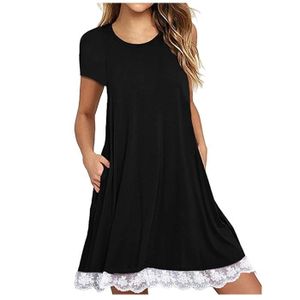 ROBE Robe Femmes Casual Solide O-Neck Dentelle Patchwork Manches Courtes Poches Black