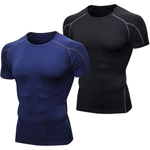 T-SHIRT DE COMPRESSION 2 Pack Tee Shirt Compression Homme Maillot de Corps Running Sport Baselayer Manches Courtes Bleu et Noir