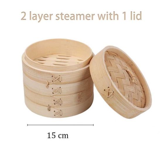 Cuiseur Vapeur Bambou 2 étages 25,4 Cm - Pour Dim Sum, Légumes, Poisson - Cuisine Asiatique Saine - 12