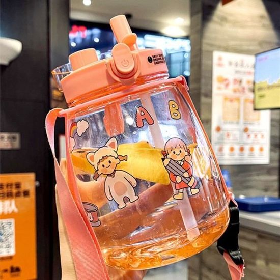 Kawaii Gourde Avec Paille,Bouteille D'eau Portable Avec Paille Et Boucle De Transport,Bouteille D'eau Portable 1000ML,Bandoulière Réglable Gourde,Pour L 'extérieur,les Voyages (violette