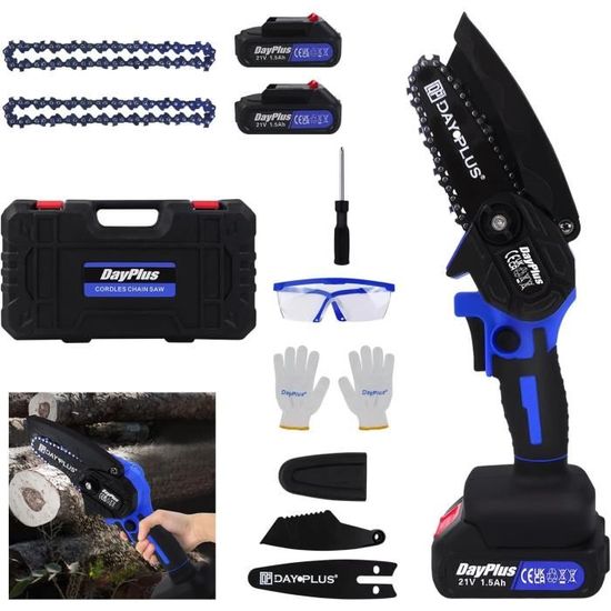 Mini Tronçonneuse 4 Pouces 6 Pouces Tronçonneuse Portable avec Verrou de Sécurité 2 Chaînes Batterie Rechargeable 21V Tronçonneuse Électrique Sans Fil pour Branches Découpe Bois Coupe Arbre
