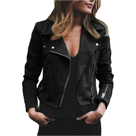 Veste En Cuir Femme Noir Vintage AN28 - Taille M/L, Occasion Très Bon état