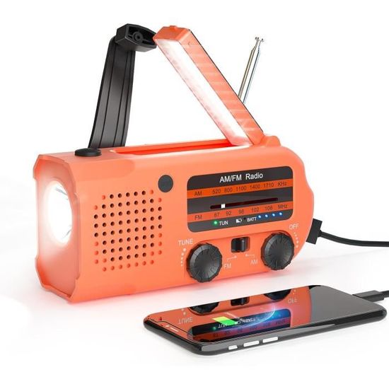 Radio Solaire De Survie AM/FM Avec Manivelle - Charge USB Type-C, Batterie 2000 MAh, Lampe De Poche - Pour Camping, Randonnée