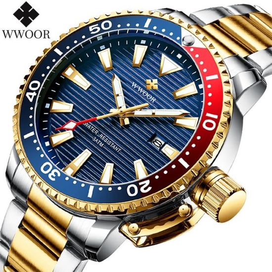 2020 WWOOR montres hommes or plein acier lumineux étanche Quartz montre de sport mâle luxe plongée Date montre-bracelet