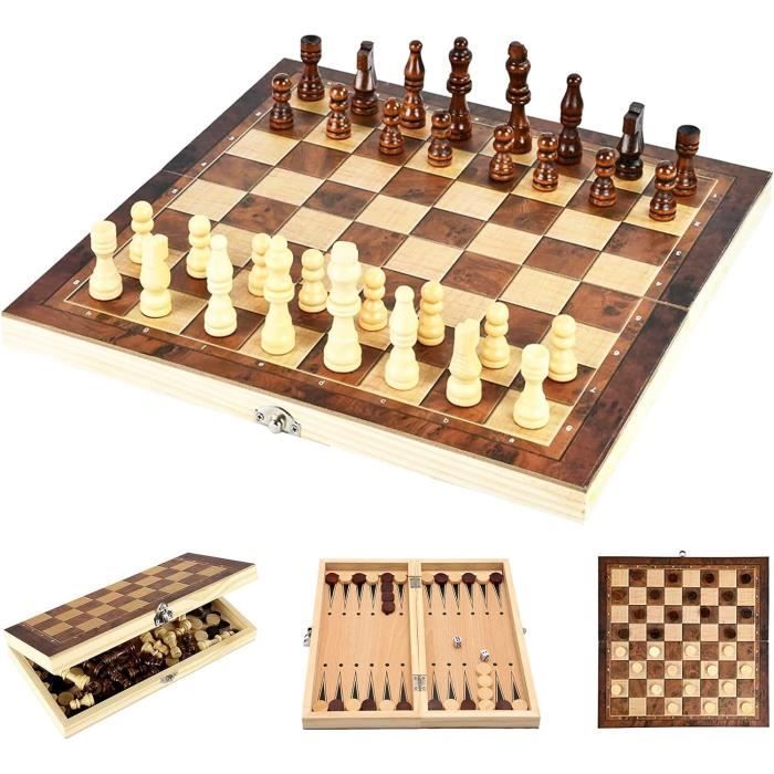 Jeu D’échecs Magnétique 3 En 1 En Bois – Pliable, Portable – Échecs, Dames Et Backgammon – Cadeau Pour Tous âges
