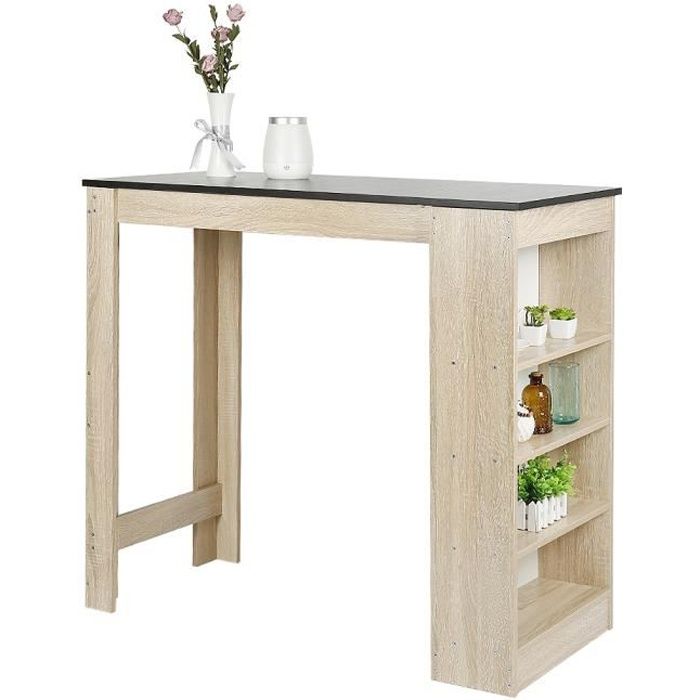 NUO Table de Bar Mange-Debout Table Haute de Cuisine avec 4 étagères de Rangement – Chêne+Noir