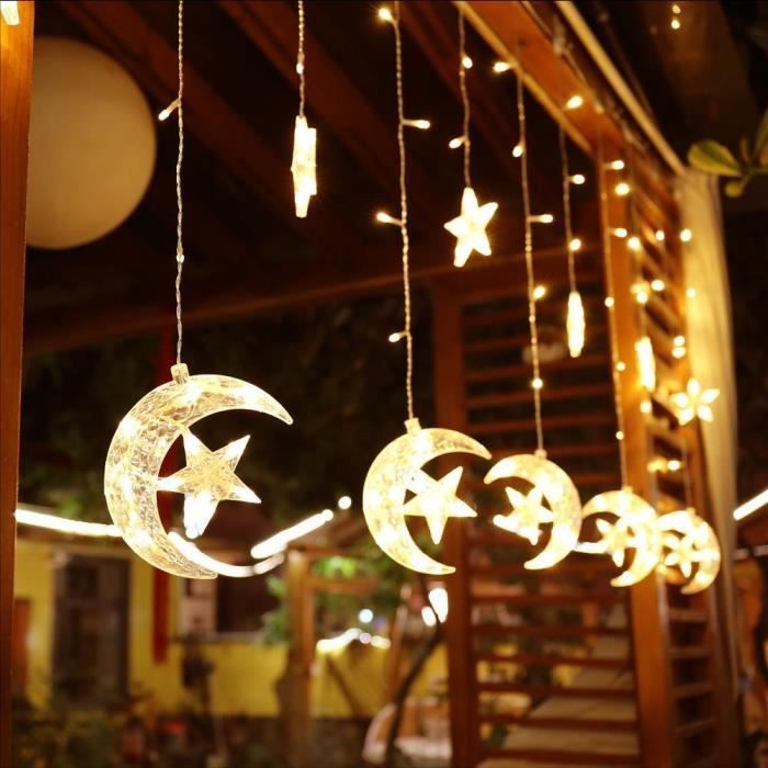 Guirlande Lumineuse de Noël Rideau blanc chaud 6 étoiles + 6 lumières de lune