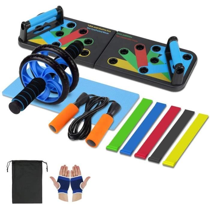 Kit Musculation 4 pièces-Élastique Sport Bandes- Push Up Board 13 en1- Corde à Sauter Adulte- Roue Abdominale avec Genou Tapis, Kit