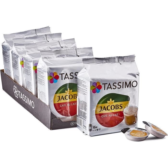 TASSIMO Jacobs Cafe Au Lait café, dosettes à café souples, T-Discs Capsules, 5 paquets de 16 (80 Boissons)