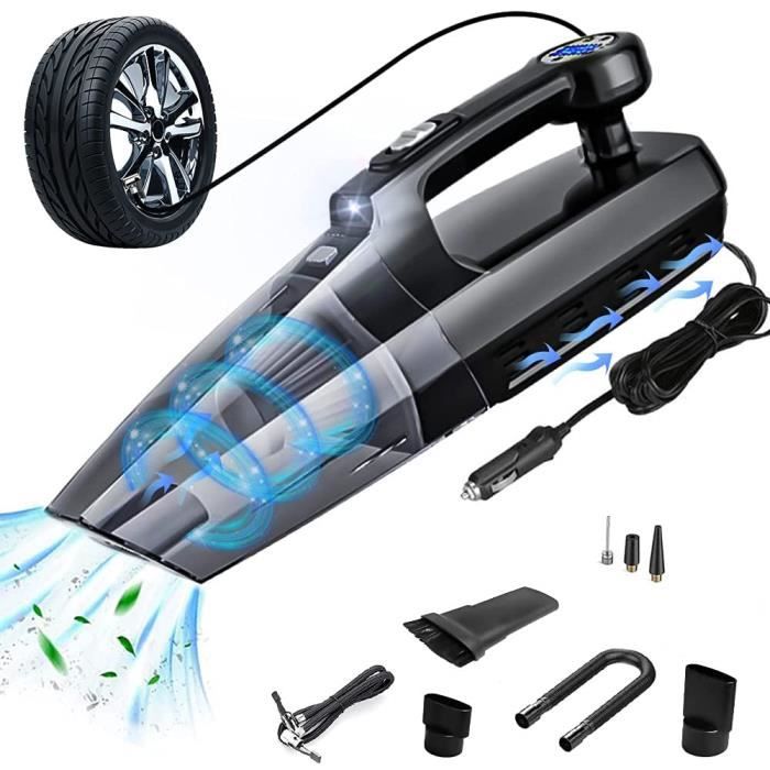 Gonfleur de pneu pour aspirateur de voiture, aspirateur portable 4 en 1 pour voiture - avec écran LCD et lumière LED 12V DC Nettoyeu