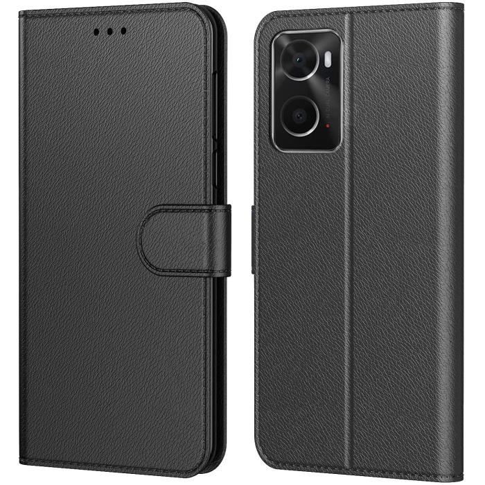 Coque Oppo A76 A96 REALME 9i Simili Cuir Rabat Noir Porte Carte