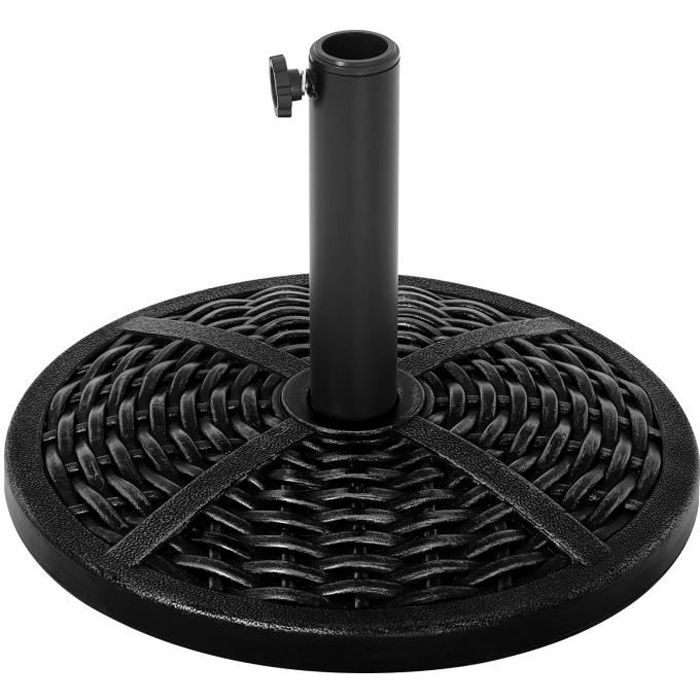 Pied de Parasol Rond Base de Lestage Ciment Poids Net 12 Kg, motif Rotin Tressé Ø 38-48 cm, Noir - Mondeer