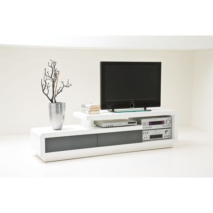 Meuble TV en laqué blanc brillant avec 2 tirois gris - L170 x H40 x P45 cm