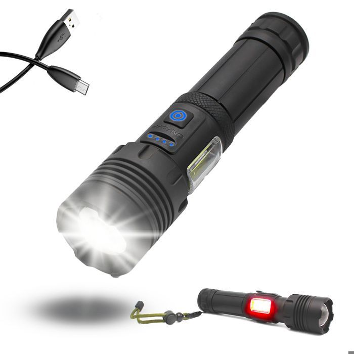 Lampe torche - FISHTEC - 2000 lm - Portée 1500 m - Zoom télescopique - Batterie 18650 USB
