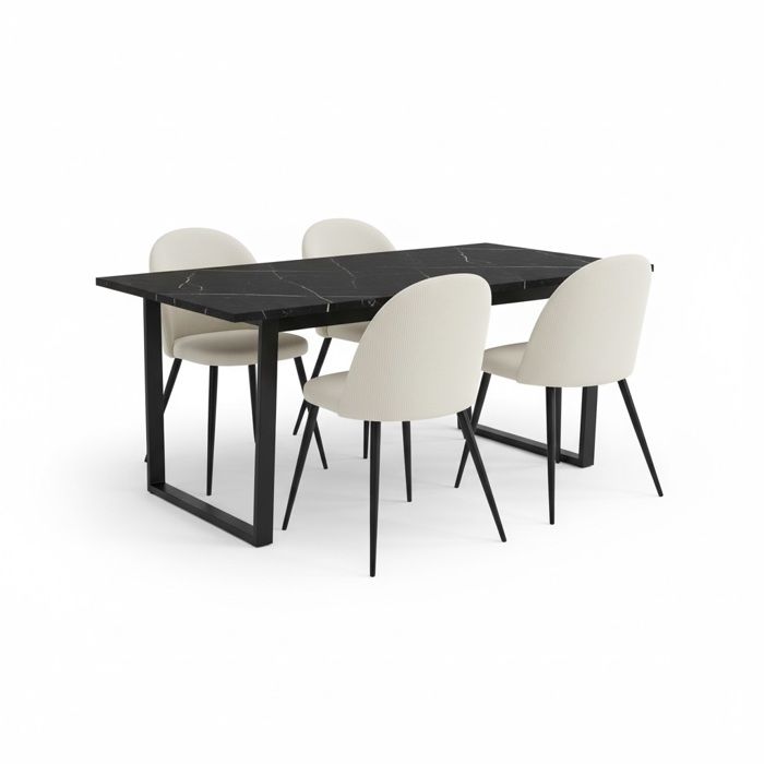 Tilst ensemble pour salle à manger table à manger imprimé marbre noir et 4 chaises velours beige. Tilst ensemble pour salle à manger table à manger imprimé marbre noir et 4 chaises velours beige.