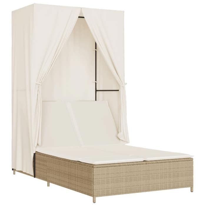 MGH - NEUF Chaise longue/transat - Lot de 2 avec toit et rideaux beige résine tressée CC1074