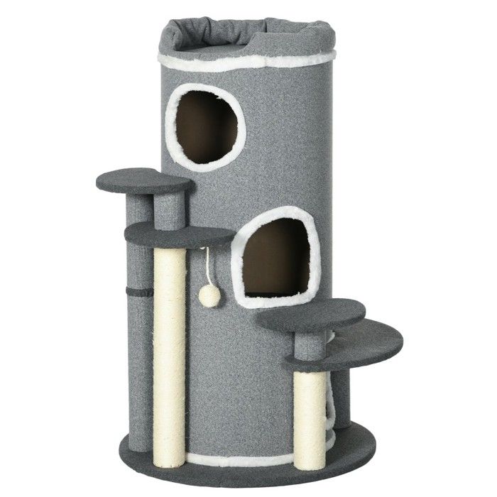 Comparer les prix de Arbre À Chat Griffoir 99cm Avec Panier Balle Et Plateformes - Design Gris Moderne Pour Chats Joueurs Et Grimpeurs