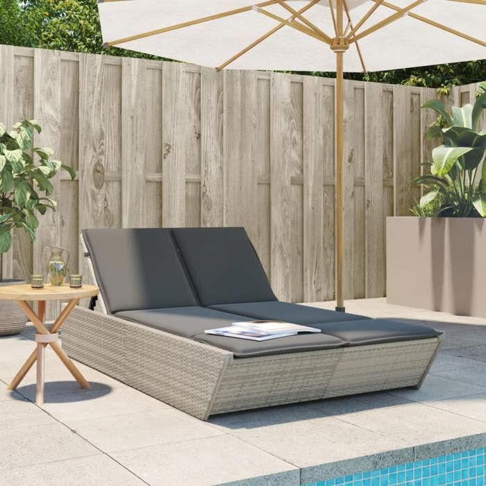 55959& Bains de soleil double avec coussins gris clair résine tressée - L118 x P200 x H83 cm - tissu 100 % polyester