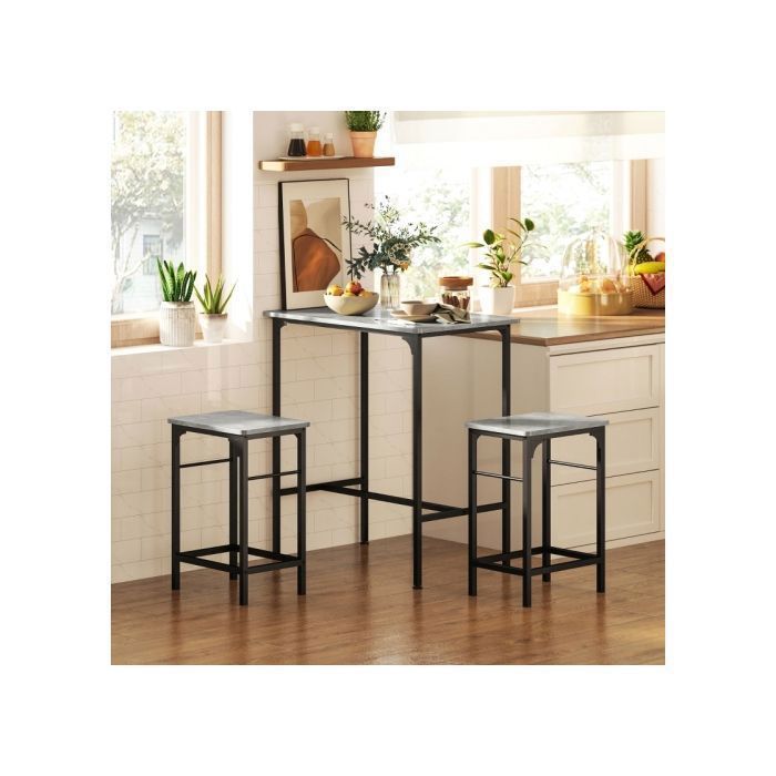 Set de table de bar - FURNITURER - Set 3 pièces - Acier thermolaqué - Plateau gris aspect bois - 2 tabourets Set de table de bar - FURNITURER - Set 3 pièces - Acier thermolaqué - Plateau gris aspect bois - 2 tabourets