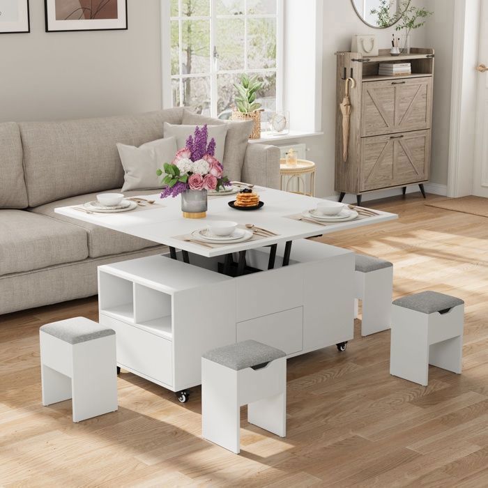 Table basse relevable transformable - 3 en 1 - 106x106x68 cm - Blanc - Levage hydraulique - Plateau extensible