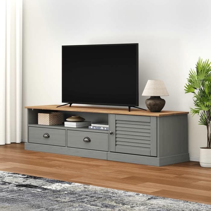 (Gris)Meuble TV - SIGNOR - Table Télévision en bois VIGO gris 156x40x40 cm bois massif de pin 538988