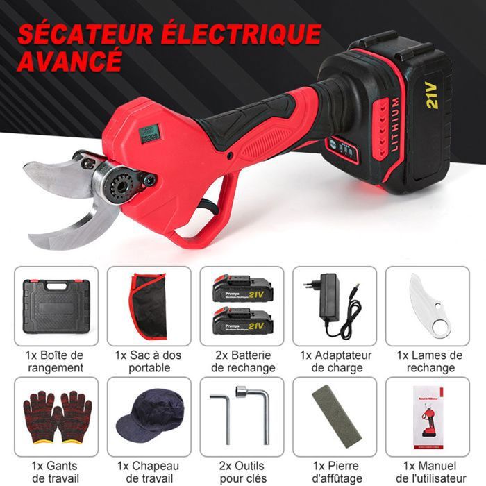 Sécateur Électrique Sans Fil Brushless 2 batteries de 1500mAh rechargeable 21 V longueur de coupe de 4cm écran LED Avec lames