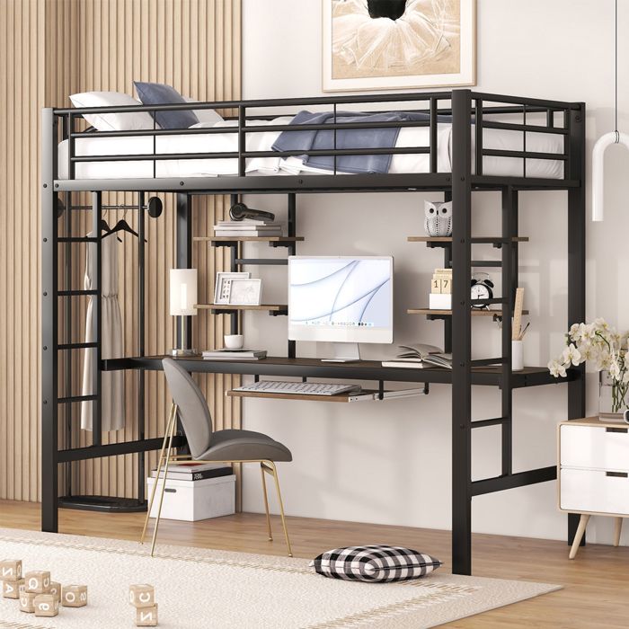 Lit superposé en métal 90x200 cm lit enfant avec bureau et étagères pour enfants et adolescents - Certifié EN747 - Noir