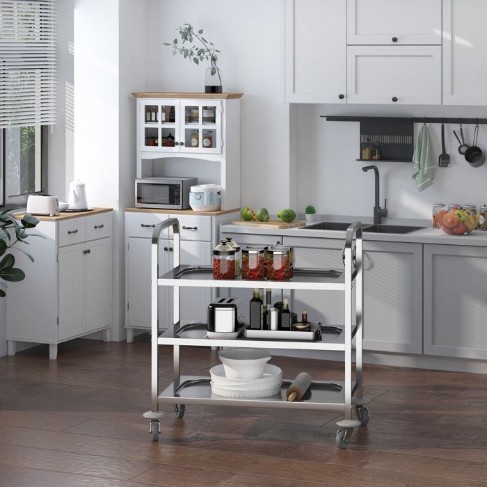 Chariot de service desserte de cuisine à roulettes 3 étagères 85L x 45l x 90H cm acier inox. Chromé