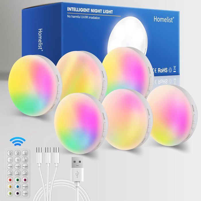 Lot de 6 Veilleuses LED RGB Homelist NL4 avec Télécommande Rechargeables et Détecteur de Mouvement pour Vitrine Chambre Salle de Lot de 6 Veilleuses LED RGB Homelist NL4 avec Télécommande Rechargeables et Détecteur de Mouvement pour Vitrine Chambre Salle de