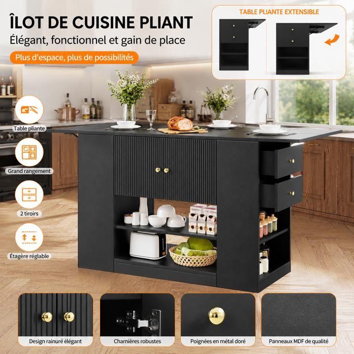 Îlot de cuisine meuble de cuisine avec tiroirs et étagères Ilot central cuisine pour cuisine et salle à manger noir