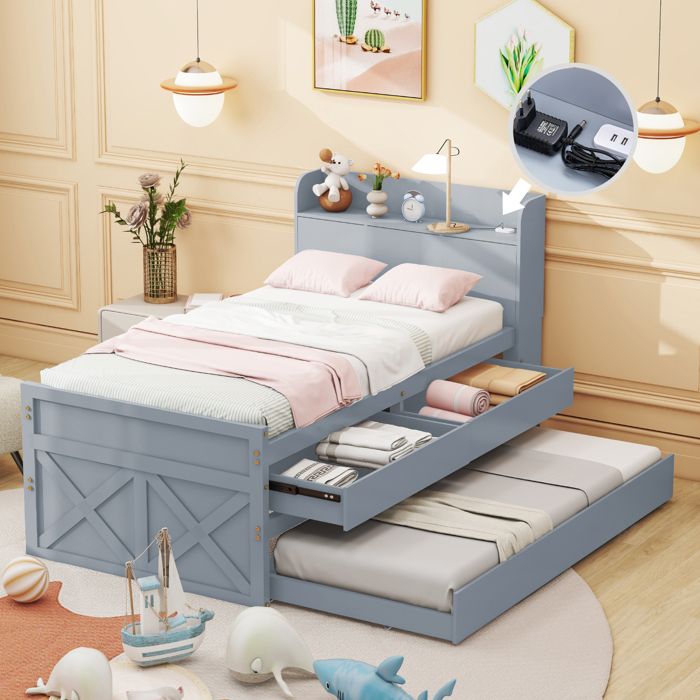 Lit enfant 90x190 cm en pin gris avec tiroirs et lit gigogne tête avec étagères et port USB (sans matelas)