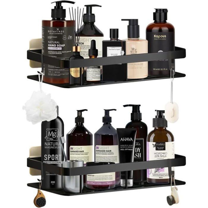 2pcs Etagere Douche sans Percage Noir Etagere Salle de Bain Espace Aluminium mit 4 Crochets et 6 Adhésives Rangement Salle de Bain