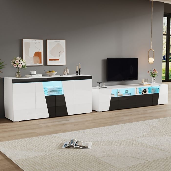 Combinaison meuble TV et meuble Dappoint - haute brillance 180x38.5x45cm - avec éclairage LED -140x40x65cm -noir et blanc