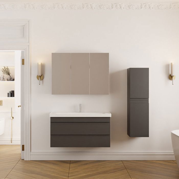 Meuble de salle de bain Lara 100 cm – Ensemble 3 pièces anthracite avec vasque céramique et armoire miroir