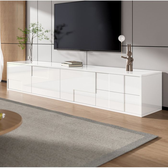 Meuble TV bas blanc laqué. 3 portes et 2 tiroirs. façades sans poignée. MDF + panneau. 170×30×30.5 cm