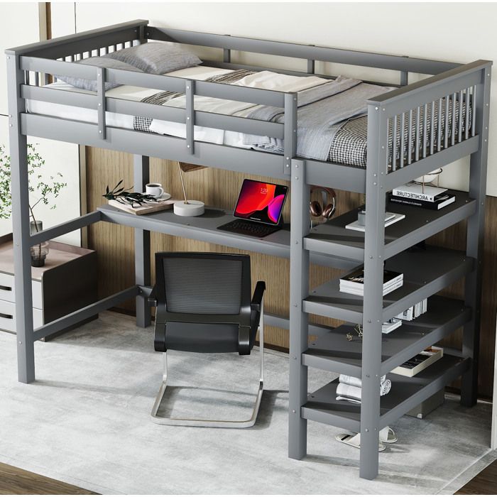 HOMVRA Lit mezzanine 90x200 cm avec barrière de sécurité bureau et étagères pin gris (sans matelas)