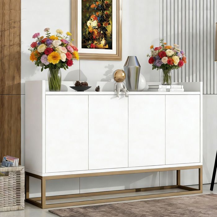 Buffet Salon - Buffet Bas Moderne Blanc avec Pieds Dorés - Armoire Latéraux 4 Portes -Buffet Salle a Manger Bois - 30x120x80cm
