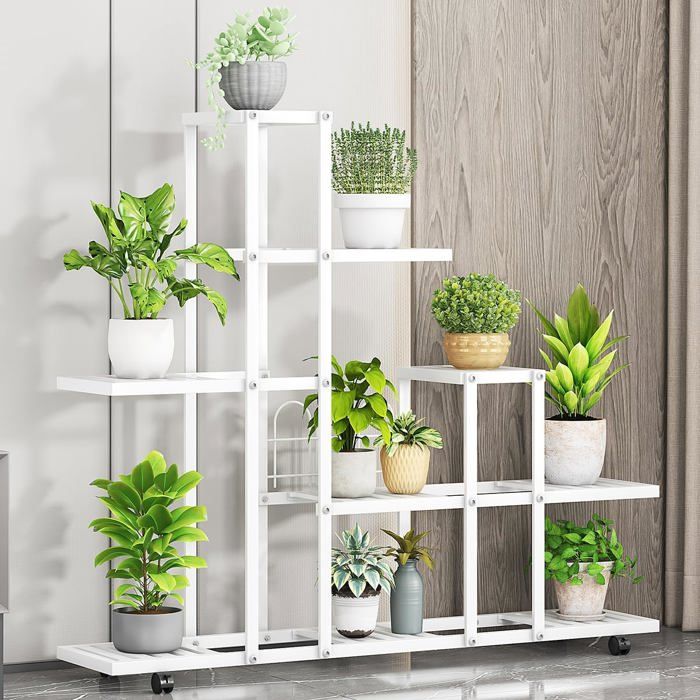 Étagère à plantes en métal - LUNSY - 93x26x91 5 cm - Blanc - Finition antirouille - Multi-niveaux