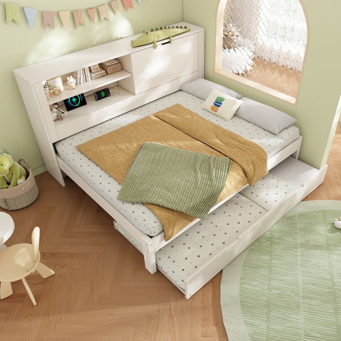 Canapé-Lit Blanc 140x190 cm avec Lit Gigogne 90x190 cm - Tête de Lit Rangement Étagère Ouverte Compartiment Caché et Charge USB