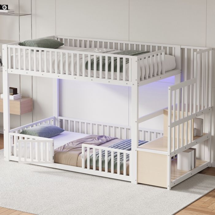 Lit Superposé Enfant 90x200cm avec échelle de Rangement Lit Enfant en Métal avec LED avec Petite Porte Blanc (sans Matelas)