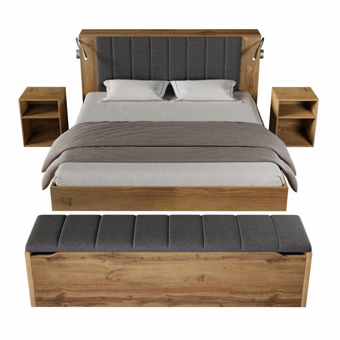Lit Double 160x200cm Bois Chêne Tête De Lit Rabattable Lin Rangements 2 Chevet Banquette Lampes USB Sommier Lattes Sans Matelas