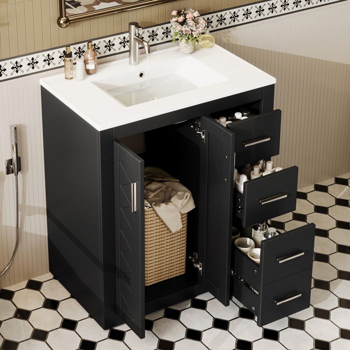 Meuble vasque sur pied 76x465x855 cm avec lavabo céramique 3 tiroirs 2 portes structure en MDF noir