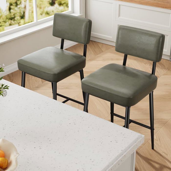 Tabourets de bar en métal - LUNSY - Assise en cuir PU - Structure robuste 180 kg - Pieds en métal noir